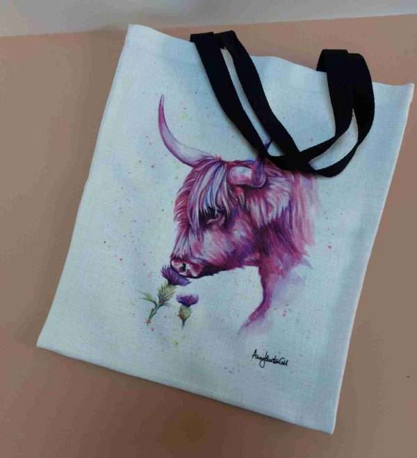 Pink Highland cow/thistle linen tote bag