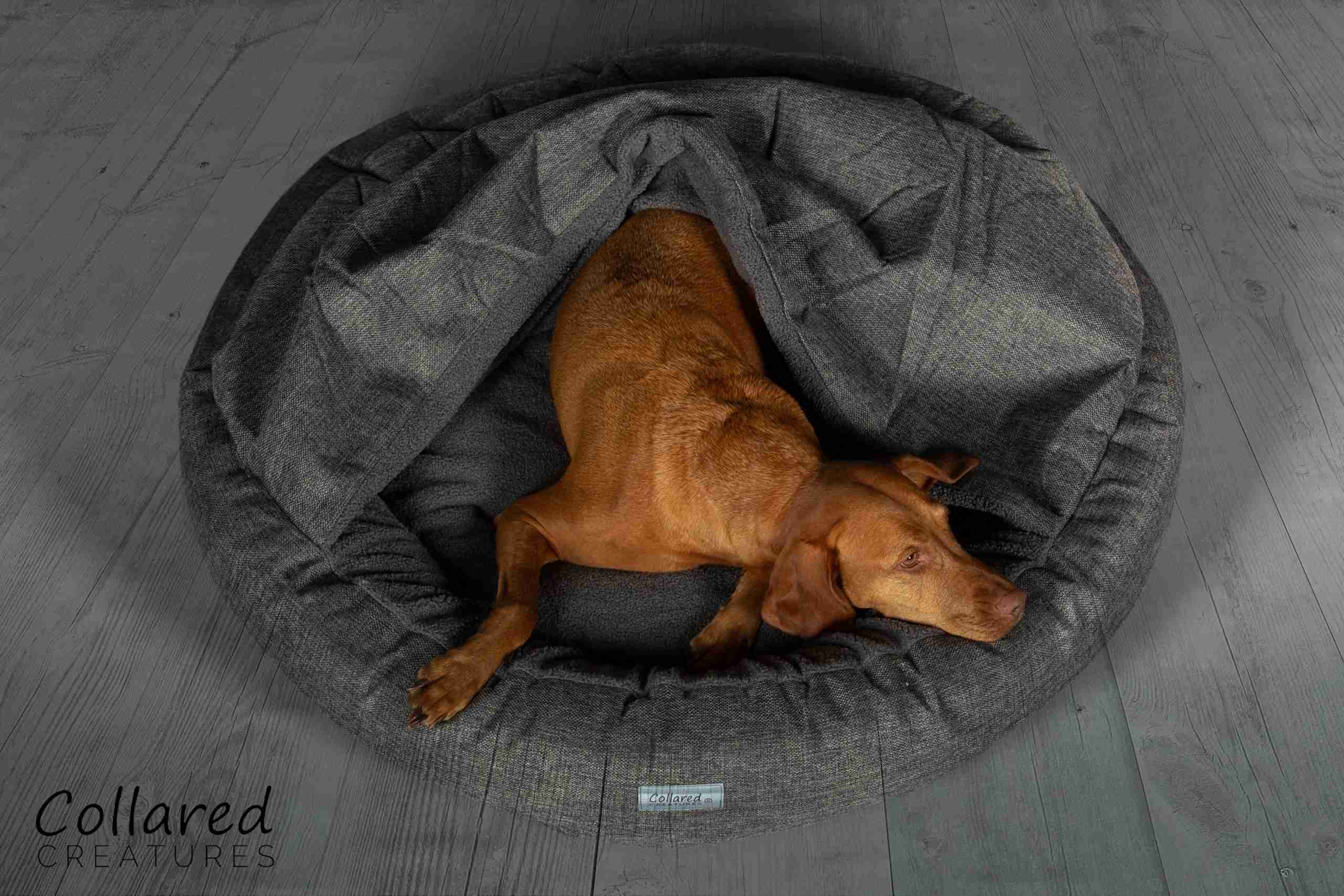 Collared Creatures Grey Classic Cocoon Dog Bed top view