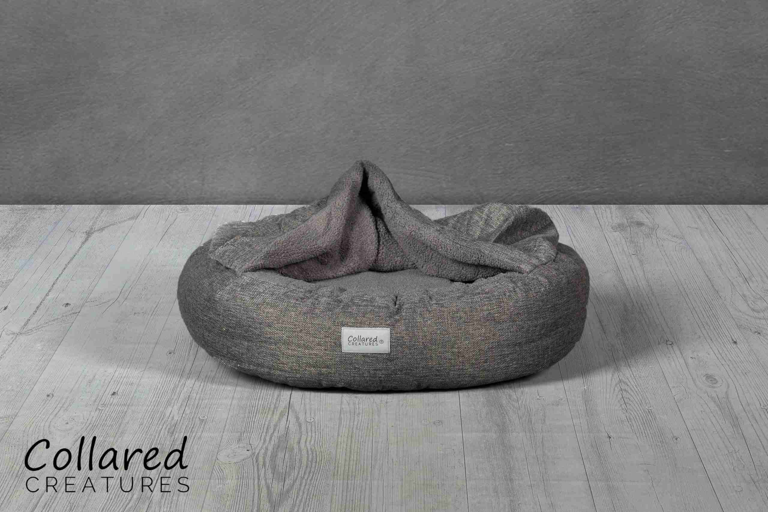 Collared Creatures Grey Classic Cocoon Dog Bed empty