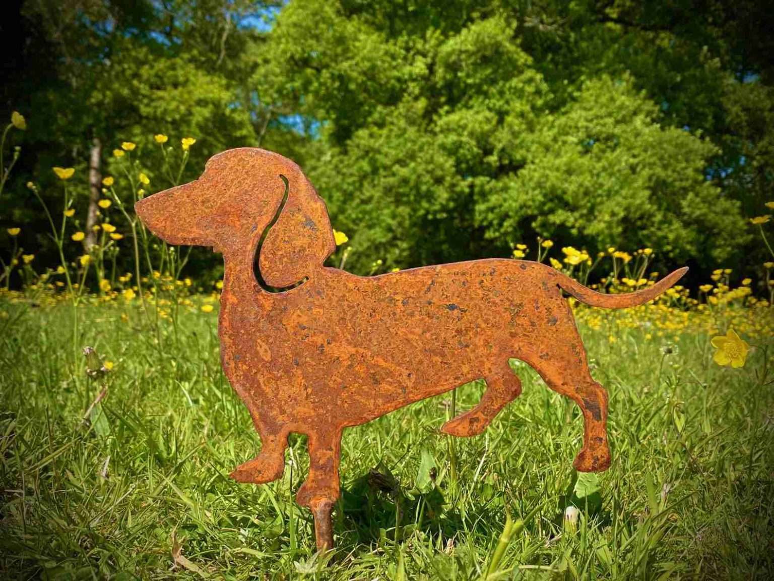 Small Exterior Rustic Rusty Metal Dachshund Sausage Dog Garden Stake