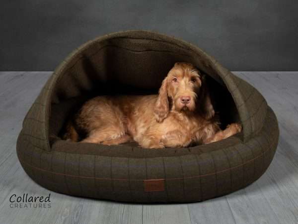 Collared Creatures Green Tweed Deluxe Comfort Cocoon Dog Cave Bed