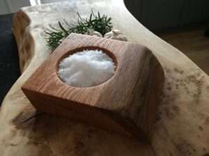 IMG 1858 Hardwood salt block with turned centre. Occasionally with natural waney edge. Approximate size 10-12cm x 10-12cm x 3-5cm thick