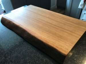 IMG 2518 Hardwood chopping board approx 45-60cm x 30-35cm x 5-7cm thick. Natural waney edge. Oak/elm/ash/beech/cherry