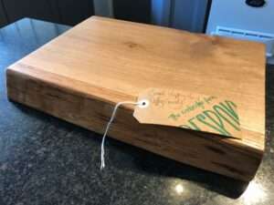 IMG 2788 Hardwood chopping board approx 30-40cm wide x 20-25cm deep x 3-6cm thick. Natural waney edge. Oak/elm/ash/beech/cherry