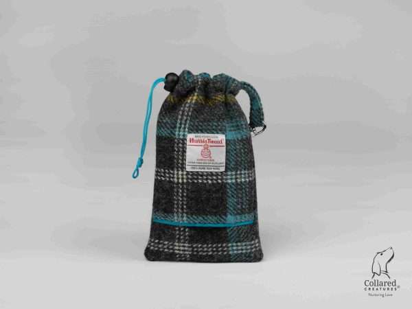 Grey & Blue Check Harris Tweed Treat Bag With Built-In Poop Bag Dispenser