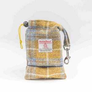 Collared Creatures Mustard & Blue Check Harris Tweed Treat Bag With Built-In Poop Bag Dispenser