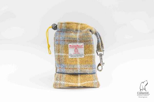 Collared Creatures Mustard & Blue Check Harris Tweed Treat Bag With Built-In Poop Bag Dispenser