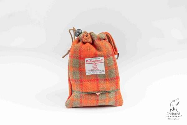 Collared Creatures Orange & Olive Check Harris Tweed Treat Bag With Built-In Poop Bag Dispenser