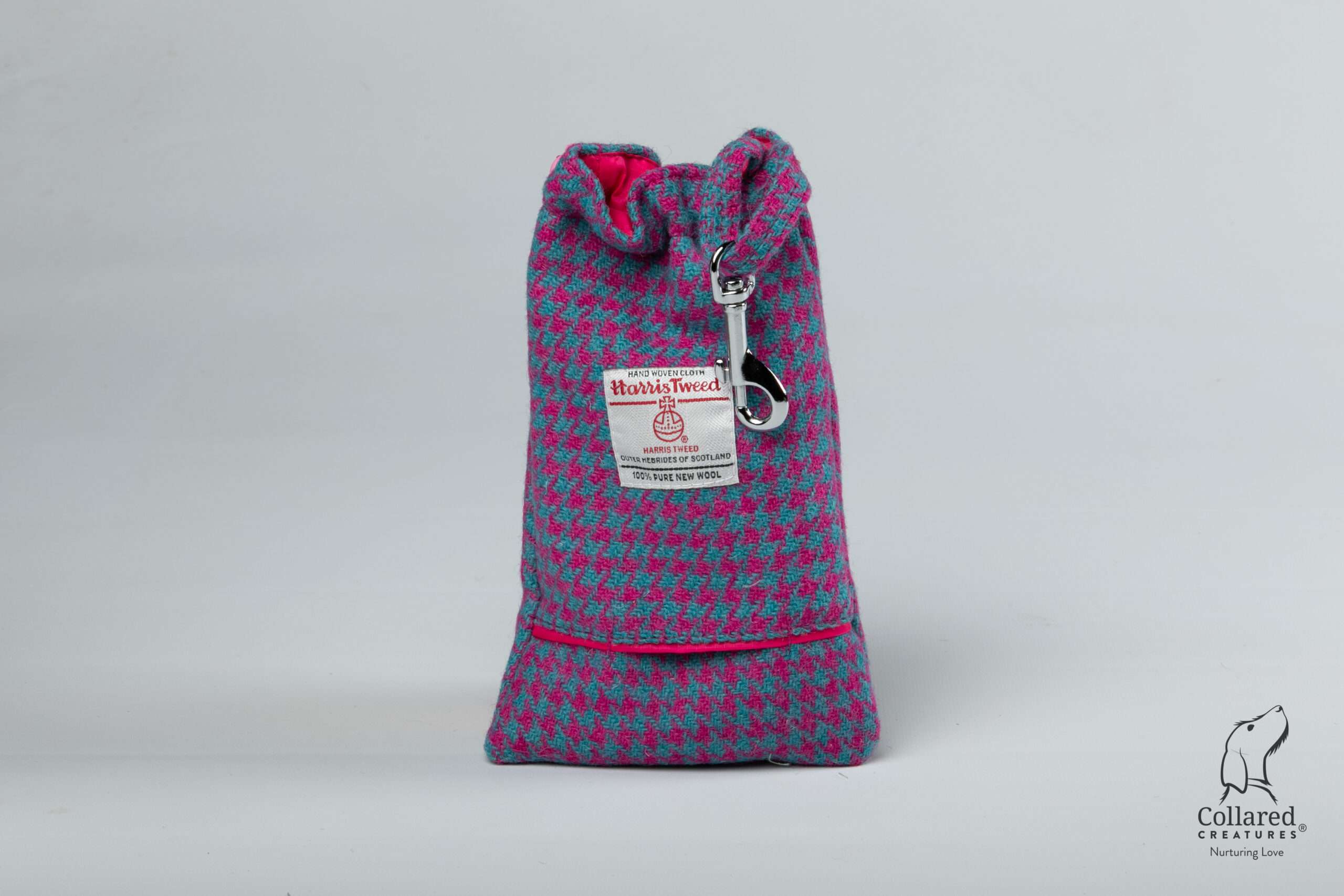 Collared Creatures Pink & Turquoise Houndstooth Harris Tweed Treat Bag With Built-In Poop Bag Dispenser