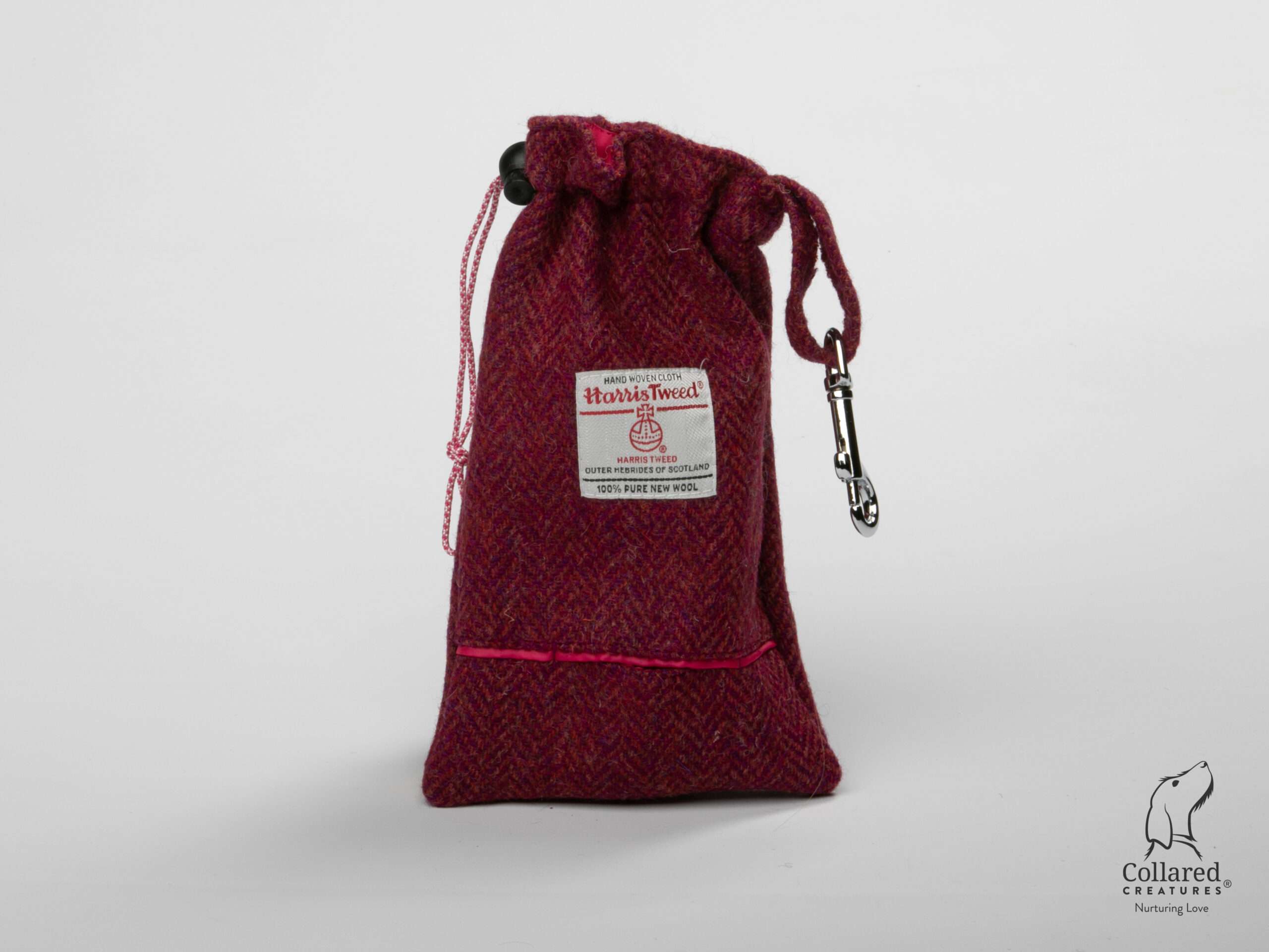 Collared Creatures Raspberry & Coral Herringbone Harris Tweed Treat Bag With Built-In Poop Bag Dispenser