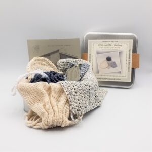 Billie Jean Tin 3 ZERO WASTE - Bathing Pamper Hamper - Hand Crafted in Devon by me (Ali) using 100% Cotton - Biodegradable - Sustainable This hamper has everything you could want for a zero waste bathing experience. Use, Wash, Reuse. End of life compost. Included in the set: Wash Cloth, Wash Puff, Wash Scrubby and Soap Coat.