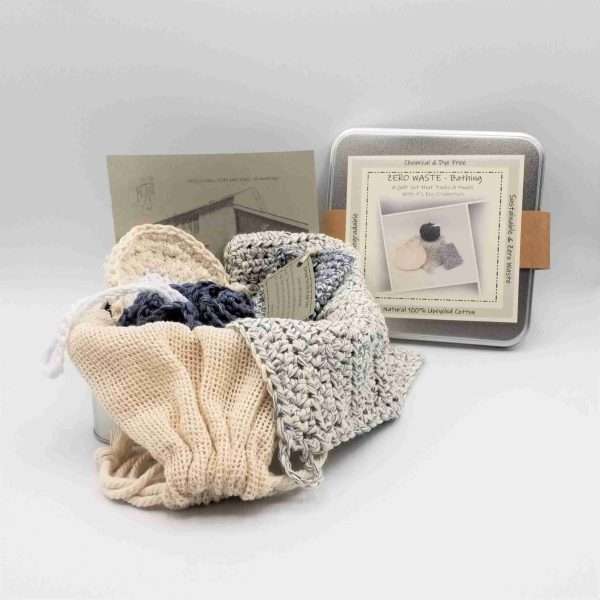 Billie Jean Tin 3 scaled ZERO WASTE - Bathing Pamper Hamper - Hand Crafted in Devon by me (Ali) using 100% Cotton - Biodegradable - Sustainable This hamper has everything you could want for a zero waste bathing experience. Use, Wash, Reuse. End of life compost. Included in the set: Wash Cloth, Wash Puff, Wash Scrubby and Soap Coat.