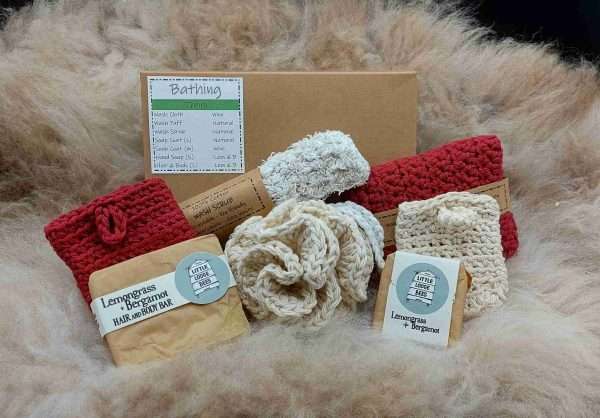Zero Waste Bathing 1 scaled ZERO WASTE - Bathing Pamper Hamper - 100% Cotton - Biodegradable - Sustainable. Use, Wash, Reuse. End of life compost. Included in the set: Wash Cloth, Wash Puff, Wash Scrubby, Large and Small Soap Coat, Natural Hand Soap and Natural Hair and Body Wash.