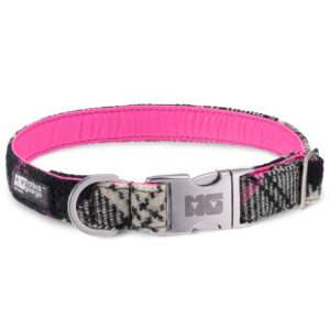 Coco & Pink Dog Collar Handcrafted in Harris Tweed with Neon Pink Leather Lining