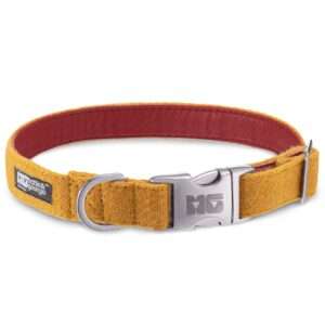 Honey Sunflower Dog Collar Handcrafted in Harris Tweed with Ferrari Red Leather Lining