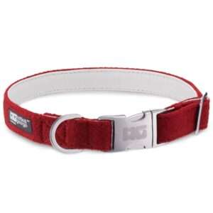 Poppy Red Dog Collar Handcrafted in Harris Tweed with White Leather Lining
