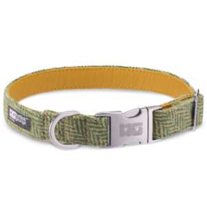 George's Green Arrow Dog Collar Handcrafted in Harris Tweed with Yellow Leather Lining