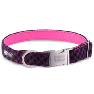 Sassy Pinks & Blacks Dog Collar Handcrafted in Harris Tweed with Neon Pink Leather Lining