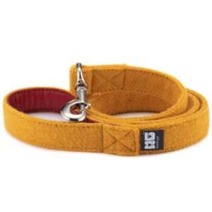 Honey Sunflower Dog Lead Handcrafted in Harris Tweed with Ferrari Red Leather Lining