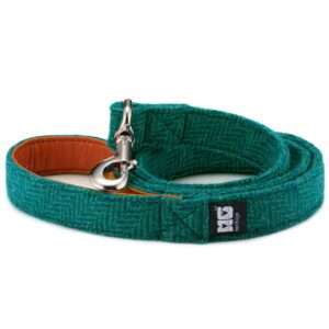 Frankie Goes Turquoise Dog Lead Handcrafted in Harris Tweed with Orange Leather Lining