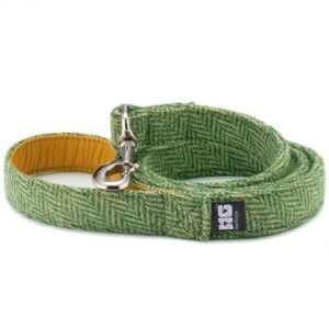 George's Green Arrow Dog Lead Handcrafted in Harris Tweed with Yellow Leather Lining