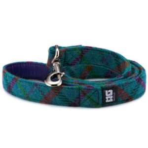 Gus's Turquoise Dog Lead Handcrafted in Harris Tweed with Purple Leather Lining