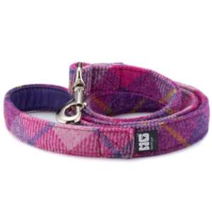Purdy in Pink Dog Lead Handcrafted in Harris Tweed with Purple Leather Lining
