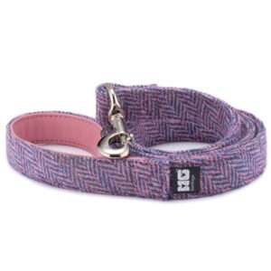 Mia's Purples & Pinks Dog Lead Handcrafted in Harris Tweed with Rose Pink Leather Lining
