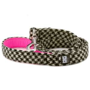 Wilma's Black & White Dog Lead Handcrafted in Harris Tweed with Neon Pink Leather Lining