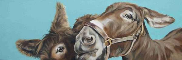 2 donkeys12x36 INCHES scaled Good quality canvas print of a 2 donkey painting, stretched on a deep canvas frame, The edges of the canvas are white. Free postage in the UK.