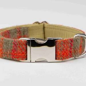 Collared Creatures Oliove & Orange Check Luxury Harris Tweed Dog Collar