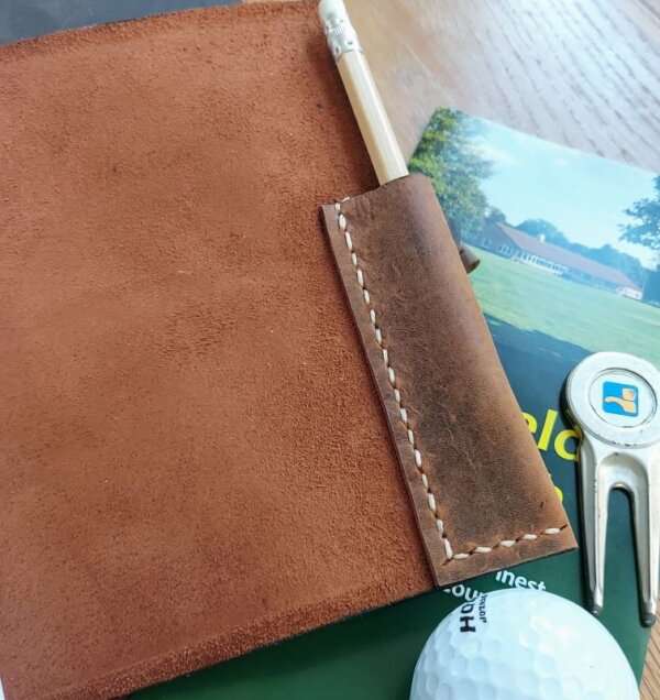 Leather golf log rustic brown pencil pocket handstitched
