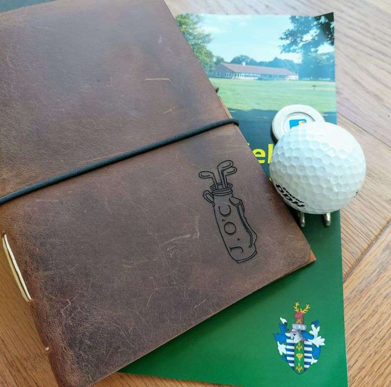 rustic waxed leather golf journal with personalised golf bag cover