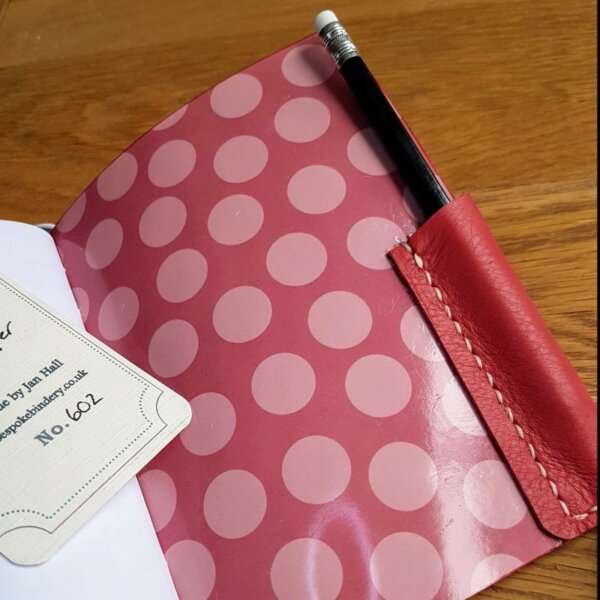 red pink spotty interior with pencil pocket