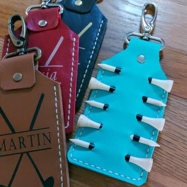 turquoise personalised leather golf tee holders