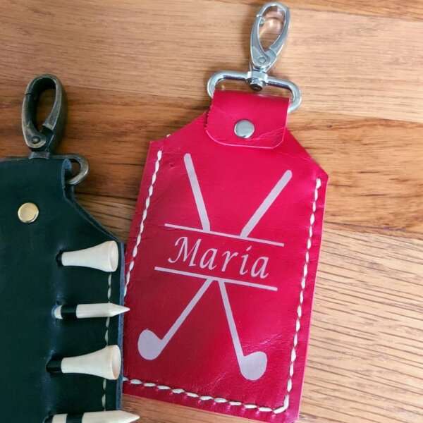 red personalised leather golf tee holders