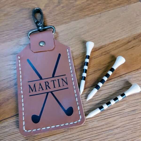 personalised leather golf tee holder in brown