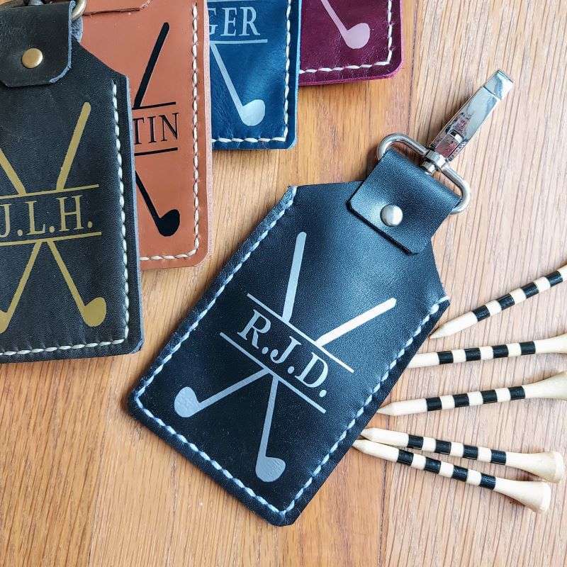 Leather Golf Tee Holder with Black 3 <h2>Personalised handstitched leather golf tee holder - this clip-on golf tee tag makes a great golfer's gift.</h2> Choose your leather, clasp and personalisation colour.