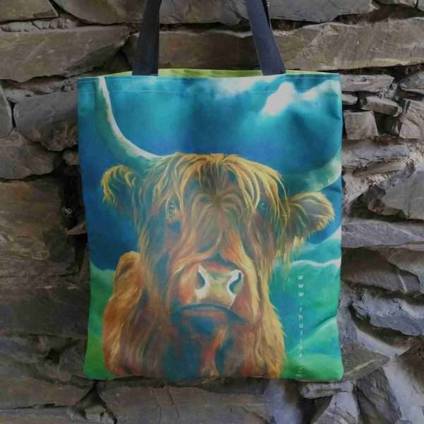 Over the hillsbagstone scaled Funky Highland cow bags ideal for shopping, school, work or the beach, with bright and colourful images. Free postage in the UK.