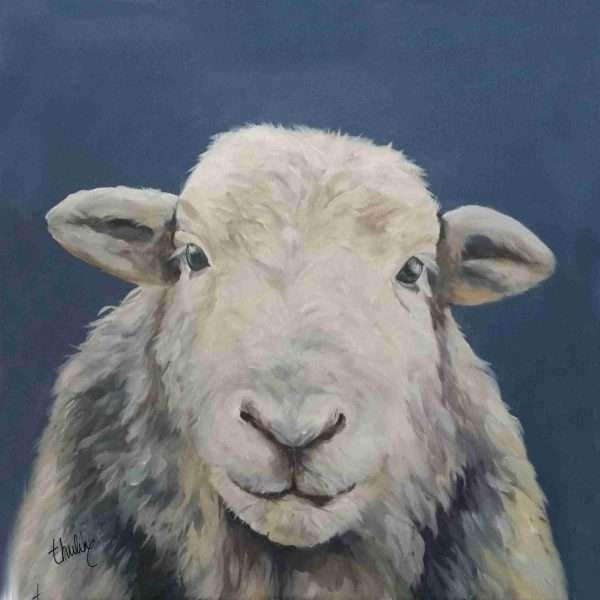 What to you think cushion scaled Good quality canvas print of a Herdwick sheep painting, stretched on a deep canvas frame, The edges of the canvas are white. Free postage in the UK.
