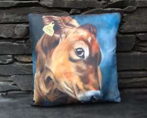 jersey The Jersey cow cushions are handmade in the UK in a high quality faux suede soft fabric. ( The fabric feels lovely and soft). Cushion shipped abroad are without the filling. Free postage in the UK.