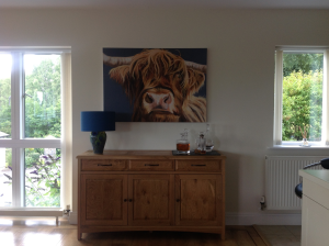 kirkstone rebel print Good quality canvas print of a Highland cow painting, stretched on a deep canvas frame, The edges of the canvas are white. Free postage in the UK.