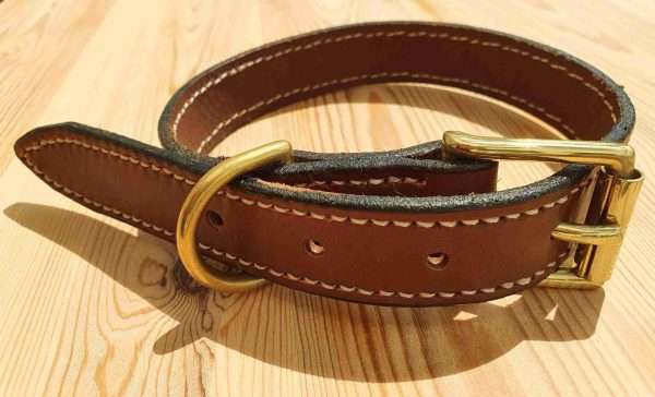20200614 142215 scaled Hand-crafted leather dog collar. Made from the finest English full grain leather. Decorative hand-stitched. Leather colour: black, dark brown, chestnut, tan, or natural. Solid brass or nickel-plated hardware. Personalised - add your initials, dogs name, surname, postcode, or phone number.