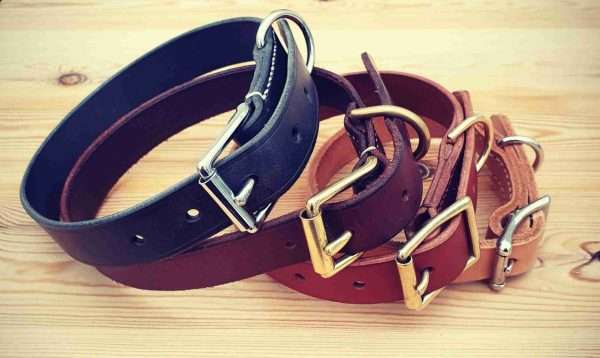 20210131 153004 scaled Hand-crafted leather dog collar. Made from the finest English full grain leather. Hand-stitched. Leather colour: black, dark brown, chestnut, tan, or natural. Solid brass or nickel-plated hardware. Personalised - add your initials, dogs name, surname, postcode, or phone number.