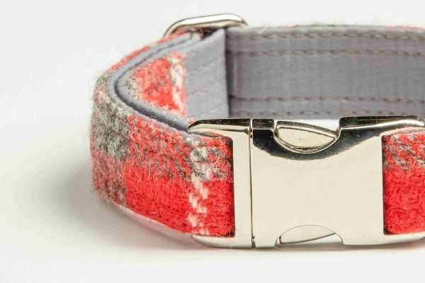 Collared Creatures Red And Grey Check Harris Tweed Luxury Dog Collar close up