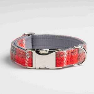 Collared Creatures Red And Grey Check Harris Tweed Luxury Dog Collar