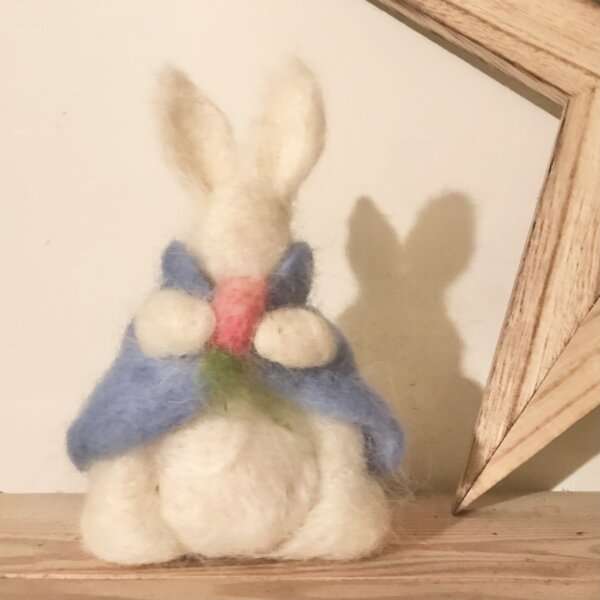 B54E9B68 5069 41B4 9848 7C0DA213C988 Freestanding needle felted handmade bunny rabbit. A perfect alternative Easter present or new baby gift.