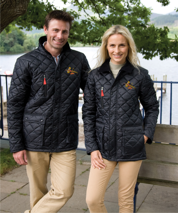 Black Quilted Jacket Model 2 <h5>Unisex fashionable country quilted jacket suitable for work and leisure.</h5> <ul> <li>Embroidered pheasant logo to left chest.</li> <li>Water repellent and windproof.</li> <li>Corduroy collar.</li> <li>Stud front external storm flap.</li> <li>Heavy front 2-way zip.</li> <li>Stud closing patch pocket with handwarmer sides.</li> <li>Sandwich quilted fleece lining.</li> <li>Zipped external chest pocket.</li> <li>2 x 2 diamond stitching.</li> <li>Rear studded saddle vents.</li> <li>Back panel detail.</li> <li>Fashionable quilted design.</li> <li>Classic styling with contemporary fit.</li> <li>Substantial weight and soft handle</li> </ul> Available in<strong> Olive & Black.</strong>