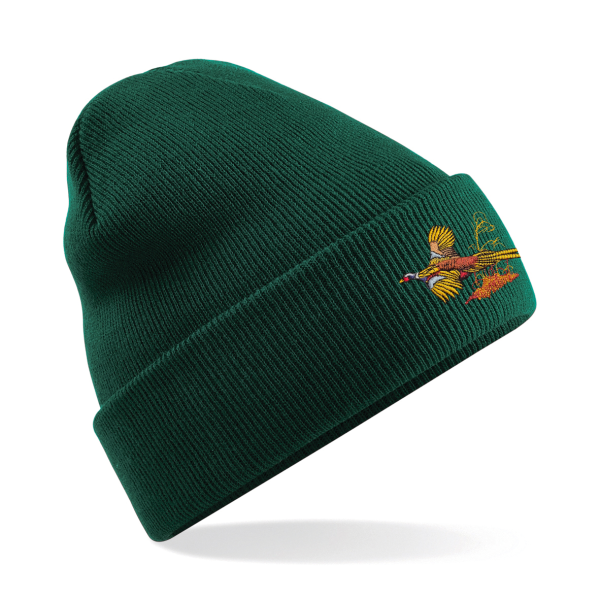 Bottle Green Beanie 01 <ul> <li><strong>Warm Unisex Beanie Hat .</strong></li> <li><strong>Embroidered pheasant logo.</strong></li> <li><strong>Available in French Navy, Bottle Green, Black and Burgundy</strong></li> </ul>