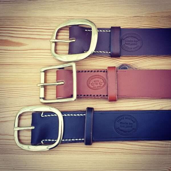 IMG 20210206 133840 629 Hand-crafted leather belt. Made-to-measure from the finest English full grain leather. Hand-stitched. Leather colour: black, dark brown, chestnut, tan, or natural. Solid brass or nickel-plated buckle. Personalise - add embossed lettering for no additional cost. Eg, initials, name, nickname.